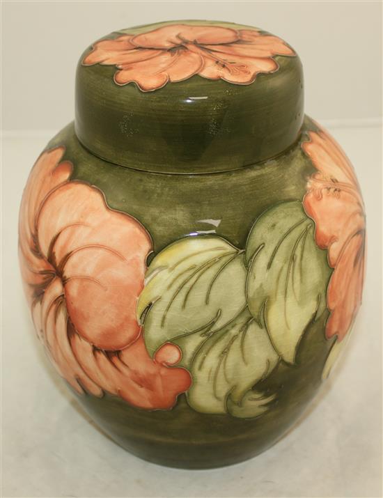 A Moorcroft jardiniere, a ginger jar and cover and bowl, post-war, jardiniere 17.5cm